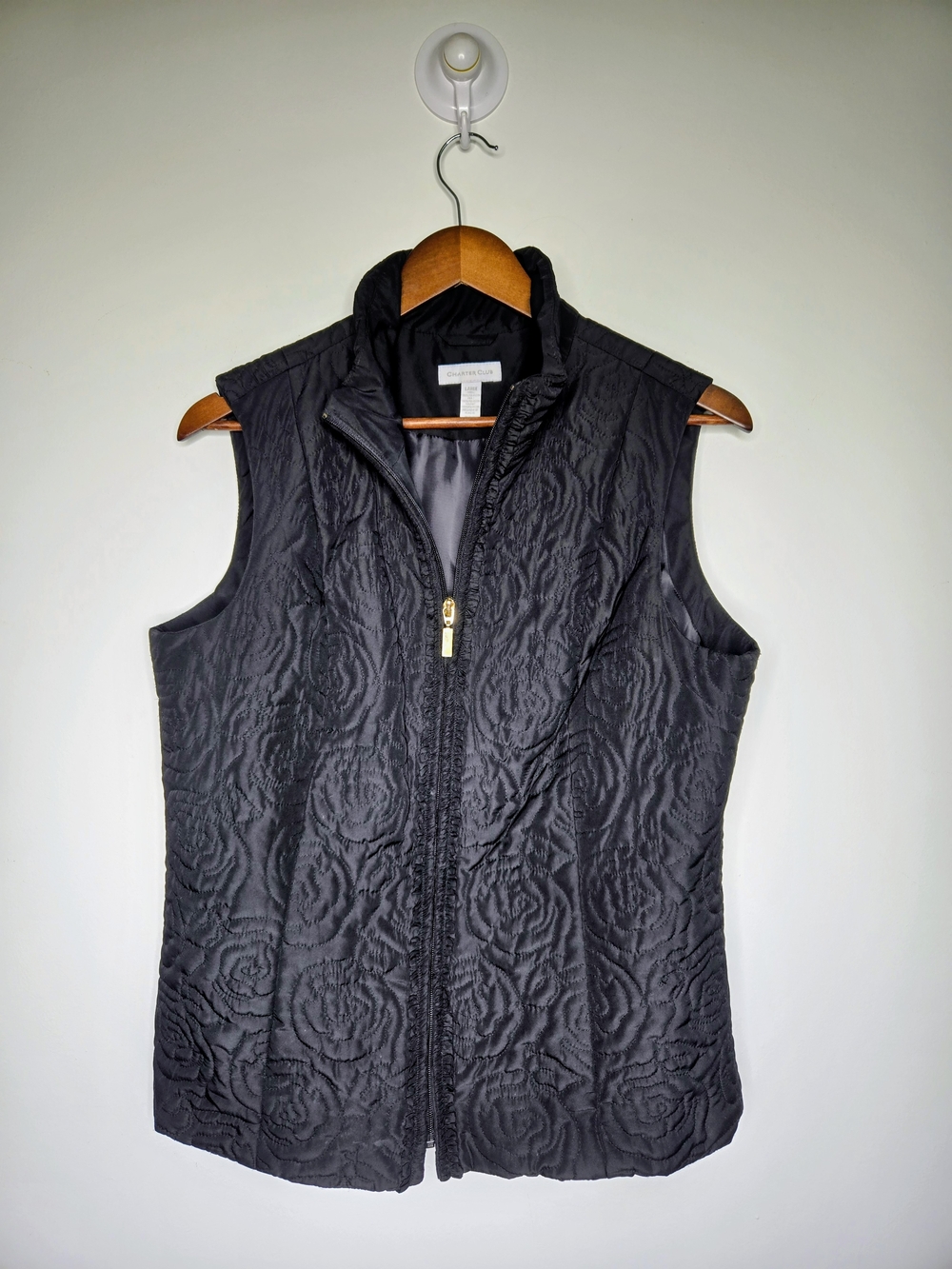 Charter Club Black Quilted Rose Textured Zip Up Puffer Vest Jacket Size Large L